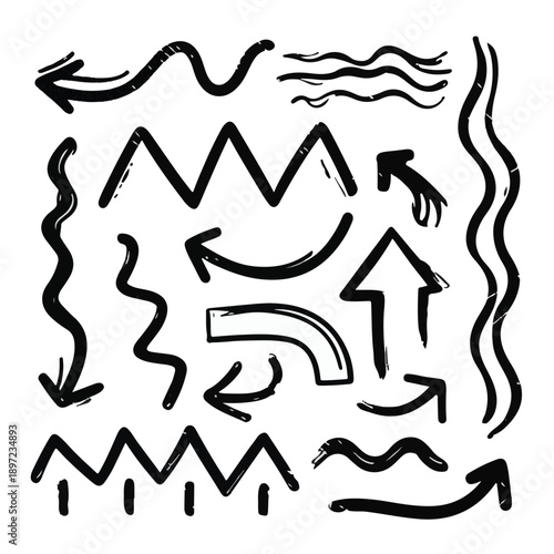  Hand drawn wavy and zigzag arrow set. Black grunge sketch arrow collection. Doodle sketched pointers and direction lines. Curved and straight brush stroke bundle for flyer, poster, brochure. Vector 