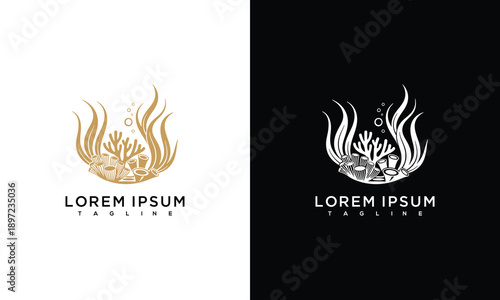 Elegant Aquatic Coral Reef Logo Design with Marine Life Seaweed and Fish Vector.