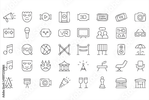 Cinema, Music, and Event Media Line Icon Set