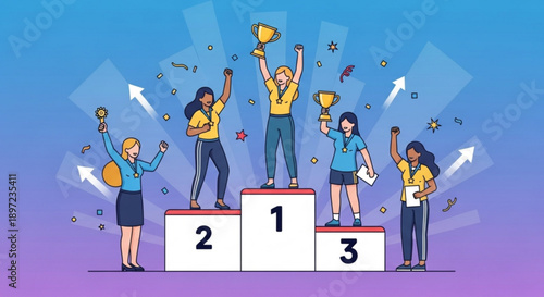 Winners Celebrating on Podium with Trophies, Confetti and Awards