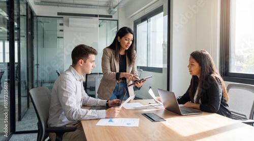 Group team of young man and business women discussing project sitting at table in office. Corporate workers people work together. Female woman mentor leader coach have meeting.