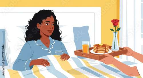Woman Receiving Breakfast in Bed with Rose and Orange Juice