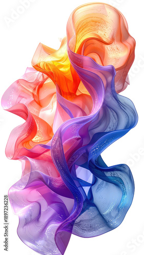 Flowing, vibrant fabric sculpture in warm and cool color gradients