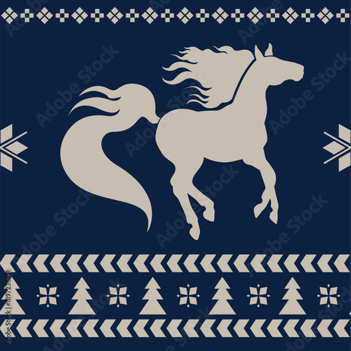 Classic Scandinavian winter Christmas seamless vector pattern with a galloping horse silhouette and traditional Nordic style ornament in warm beige on a blue background.