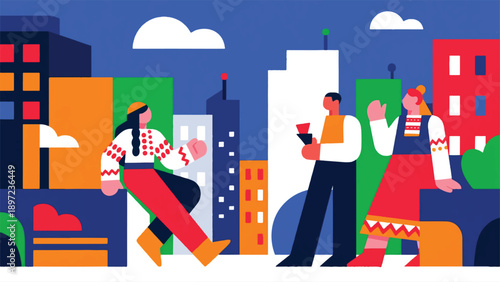 Illustration Of A Folktale Character Visualized As A Modern Figure, Relaxed Pose, Abstract City Background Vector Design Template