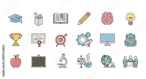 Education Icons Set: Graduation Cap, Book, Brain, Light Bulb, Trophy, Science, Computer, School