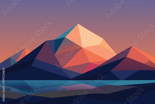 Sunset over the Giza pyramids rising above desert dunes with a camel under a colorful sky illustration