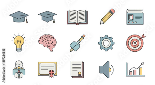 Education Icons Set: Graduation Cap, Book, Brain, Lightbulb, Target, Certificate, Graph