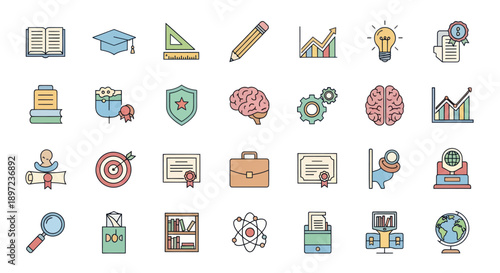 Education and Science Icons Set: Learning, Knowledge, Innovation, Success Symbols