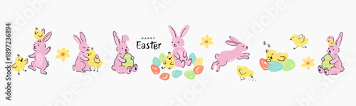 Happy Easter collection of hand drawn cutest crayon illustrations scenes featuring a chick, easter bunny, eggs and flowers in pastel colors isolated on white background. Easter card, banner design.