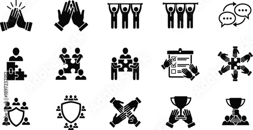 Business Teamwork and Collaboration Icon Set for Corporate Success and Partnership Concepts