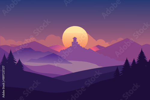 Mountain landscape with glowing sunset and sunrise sky over misty peaks