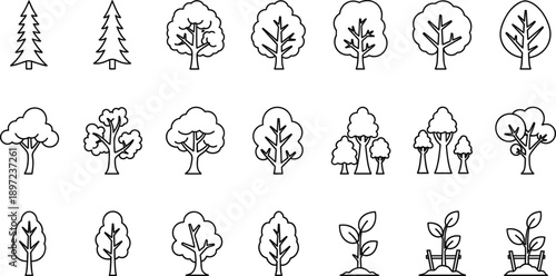 Minimalist tree and plant icon set featuring various species and saplings in outline style