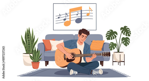 Modern vector illustration of young man playing acoustic guitar, expressing creativity, musical passion, relaxation, and personal hobby lifestyle through artistic self-expression