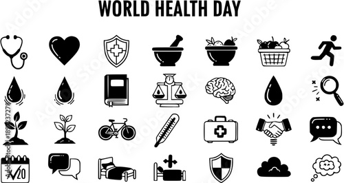 World Health Day Medical Wellness Glyph Icons Set. Black  White Healthcare, Medicine, and Wellbeing Solid Symbols Collection.