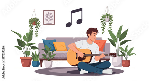 Modern vector illustration of young man playing acoustic guitar, expressing creativity, musical passion, relaxation, and personal hobby lifestyle through artistic self-expression