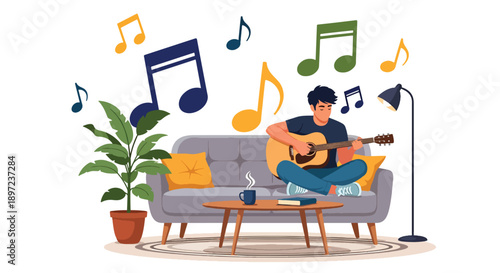 Modern vector illustration of young man playing acoustic guitar, expressing creativity, musical passion, relaxation, and personal hobby lifestyle through artistic self-expression