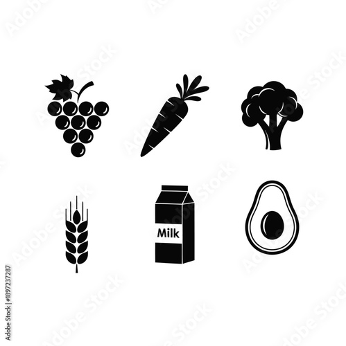 6 vector logos shiloett food theme grapes, carrots, broccoli, avocado, milk