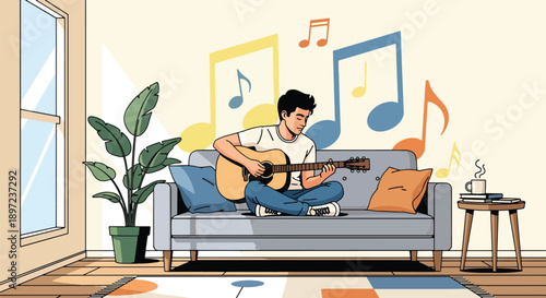 Modern vector illustration of young man playing acoustic guitar, expressing creativity, musical passion, relaxation, and personal hobby lifestyle through artistic self-expression