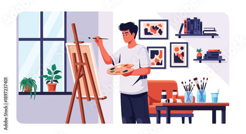 Flat vector illustration of man painting on canvas, showing creativity, imagination, artistic skills, personal hobby development, and visual self-expression lifestyle