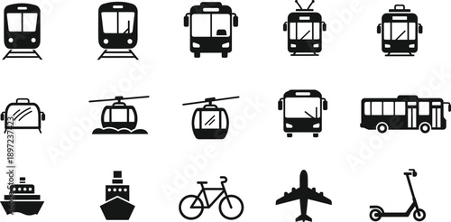Public transportation and city vehicle icon set including bus train airplane ship and bicycle