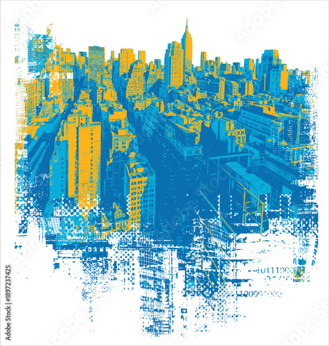 Vector banner with New York,  cityscape, skyscrapers and silhouettes of buildings. USA illustration in grunge style. Urban, street art. T-shirt design, tourist signboard, tourist postcard. Not AI
