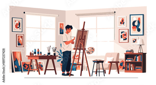 Flat vector illustration of man painting on canvas, showing creativity, imagination, artistic skills, personal hobby development, and visual self-expression lifestyle