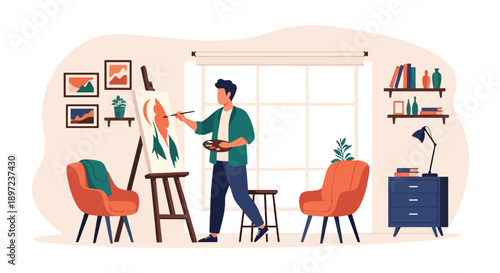 Flat vector illustration of man painting on canvas, showing creativity, imagination, artistic skills, personal hobby development, and visual self-expression lifestyle