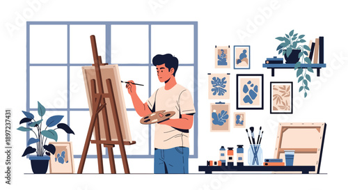 Flat vector illustration of man painting on canvas, showing creativity, imagination, artistic skills, personal hobby development, and visual self-expression lifestyle