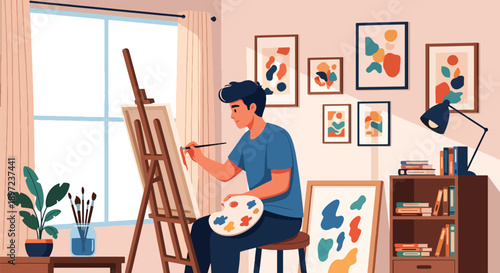 Flat vector illustration of man painting on canvas, showing creativity, imagination, artistic skills, personal hobby development, and visual self-expression lifestyle