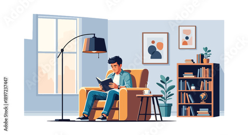 Modern vector illustration of man reading book, representing learning habits, intellectual development, relaxation, self-improvement, and knowledge-based hobby lifestyle