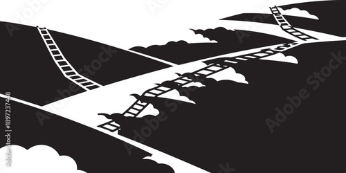 Climbing ladders to success in a dreamlike landscape scenery