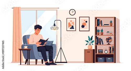Modern vector illustration of man reading book, representing learning habits, intellectual development, relaxation, self-improvement, and knowledge-based hobby lifestyle