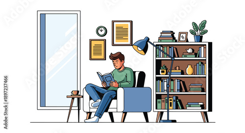 Modern vector illustration of man reading book, representing learning habits, intellectual development, relaxation, self-improvement, and knowledge-based hobby lifestyle