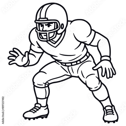 Outline vector illustration of an American football player in a low defensive stance, ready to block or tackle during gameplay.