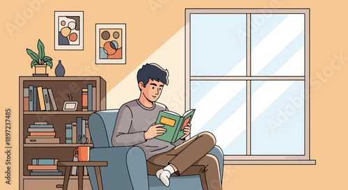 Modern vector illustration of man reading book, representing learning habits, intellectual development, relaxation, self-improvement, and knowledge-based hobby lifestyle