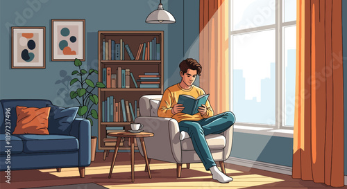 Modern vector illustration of man reading book, representing learning habits, intellectual development, relaxation, self-improvement, and knowledge-based hobby lifestyle
