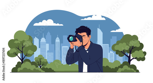 Flat vector illustration of man taking photos, highlighting creativity, visual storytelling, digital skills, artistic passion, and professional photography hobby lifestyle