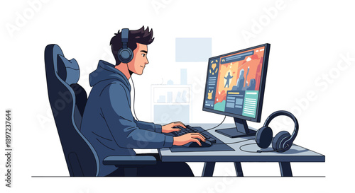 Flat vector illustration of man playing video games, representing digital entertainment, competitive spirit, technical skills, relaxation, and modern gaming hobby lifestyle