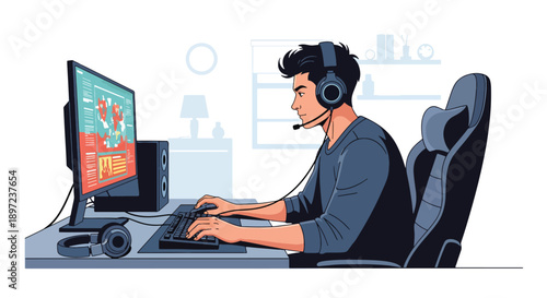 Flat vector illustration of man playing video games, representing digital entertainment, competitive spirit, technical skills, relaxation, and modern gaming hobby lifestyle