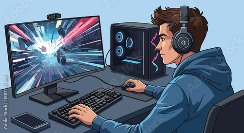 Flat vector illustration of man playing video games, representing digital entertainment, competitive spirit, technical skills, relaxation, and modern gaming hobby lifestyle