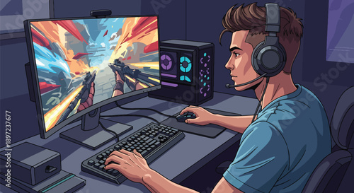 Flat vector illustration of man playing video games, representing digital entertainment, competitive spirit, technical skills, relaxation, and modern gaming hobby lifestyle