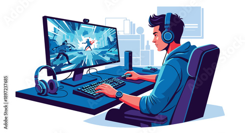 Flat vector illustration of man playing video games, representing digital entertainment, competitive spirit, technical skills, relaxation, and modern gaming hobby lifestyle