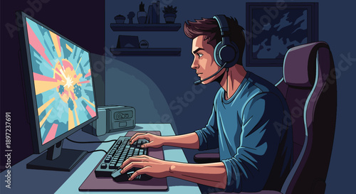 Flat vector illustration of man playing video games, representing digital entertainment, competitive spirit, technical skills, relaxation, and modern gaming hobby lifestyle