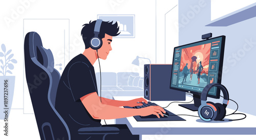 Flat vector illustration of man playing video games, representing digital entertainment, competitive spirit, technical skills, relaxation, and modern gaming hobby lifestyle