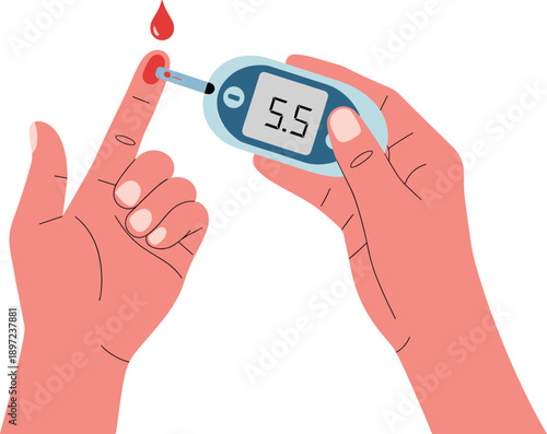 Blood glucose test illustration isolated, diabetes monitoring with finger blood drop and digital glucometer device, healthcare medical measurement concept