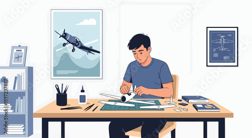 Modern vector illustration of man assembling model airplane, highlighting precision, creativity, patience, technical skills, and detailed crafting hobby lifestyle