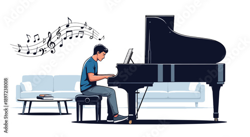 Modern vector illustration of man playing piano, expressing musical discipline, emotional expression, technical skill, creative passion, and artistic hobby lifestyle