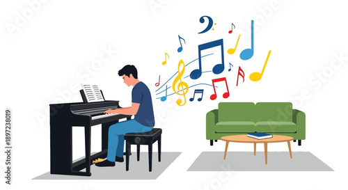Modern vector illustration of man playing piano, expressing musical discipline, emotional expression, technical skill, creative passion, and artistic hobby lifestyle