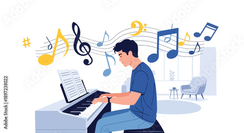 Modern vector illustration of man playing piano, expressing musical discipline, emotional expression, technical skill, creative passion, and artistic hobby lifestyle